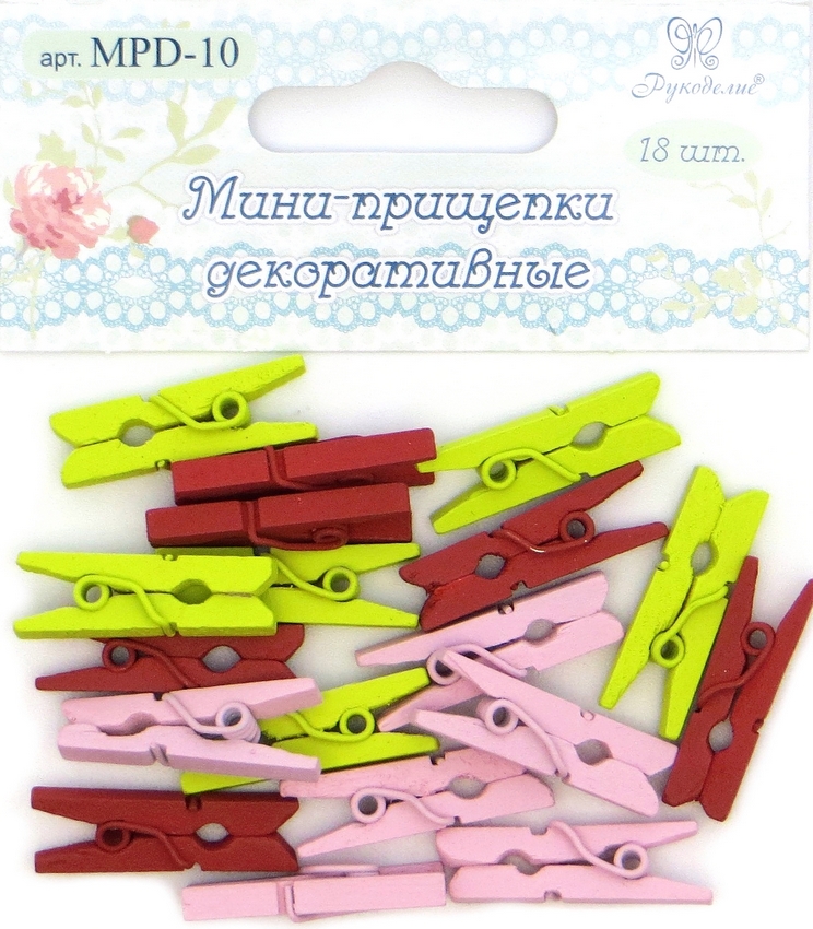 Мини-прищепки декоративные Рукоделие™   18 шт. (цвета: желто-зеленый, красный, розовый)
