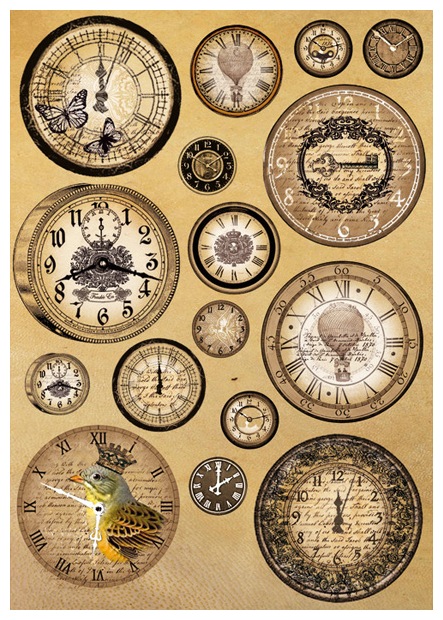 Бумага рисовая мини - формат, "Старинные часы", 21 х 29,7 см (А4), 28 г/м2