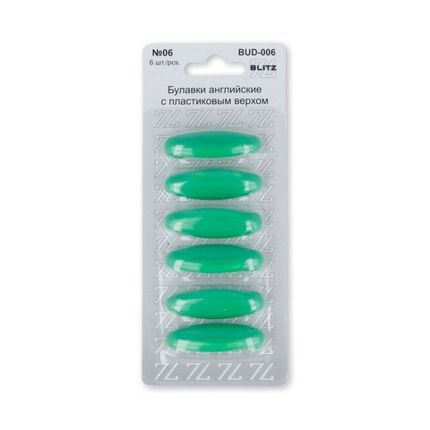 Булавки английские "BLITZ" BUD-006 с пласт. верхом 36 мм 6 шт, цв.06 зеленый