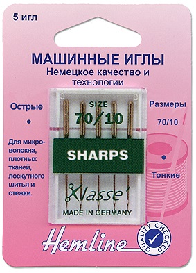 Иглы "Hemline" 105.70  для бытовых швейных машин 5 шт. c острым кончиком №70/10 Иглы "Hemline" 105.70  для бытовых швейных машин 5 шт. c острым кончиком №70/10