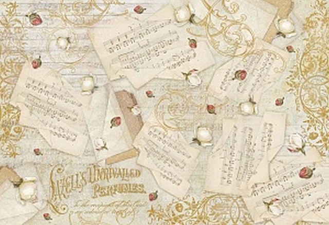 Бумага рисовая для декупажа Stamperia DFS349 Музыкальные ноты и бутончики  48х33 см, 28 г/ кв.м, 