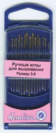 Иглы ручные "Hemline" 280G.39, для вышивания с острым кончиком, размер 3-9,10 шт.