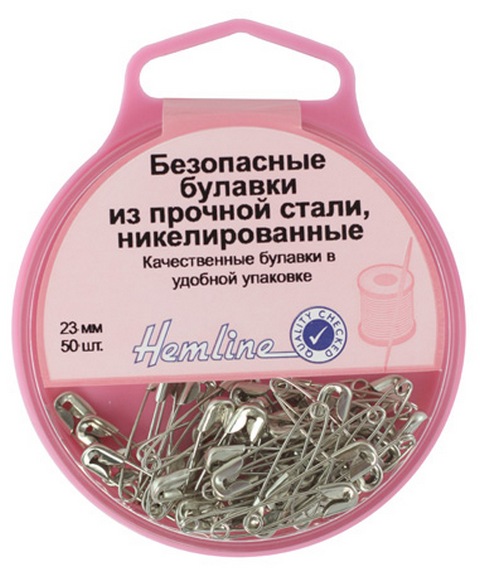 Булавки безопасные "Hemline" 410.00 в пластиковом круглом контейнере, сталь 23мм,  в блистере 50шт.