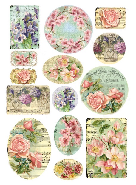 Бумага рисовая мини - формат, "Фрагменты с нотами и цветами", 21 х 29,7 см (А4), 28 г/м2