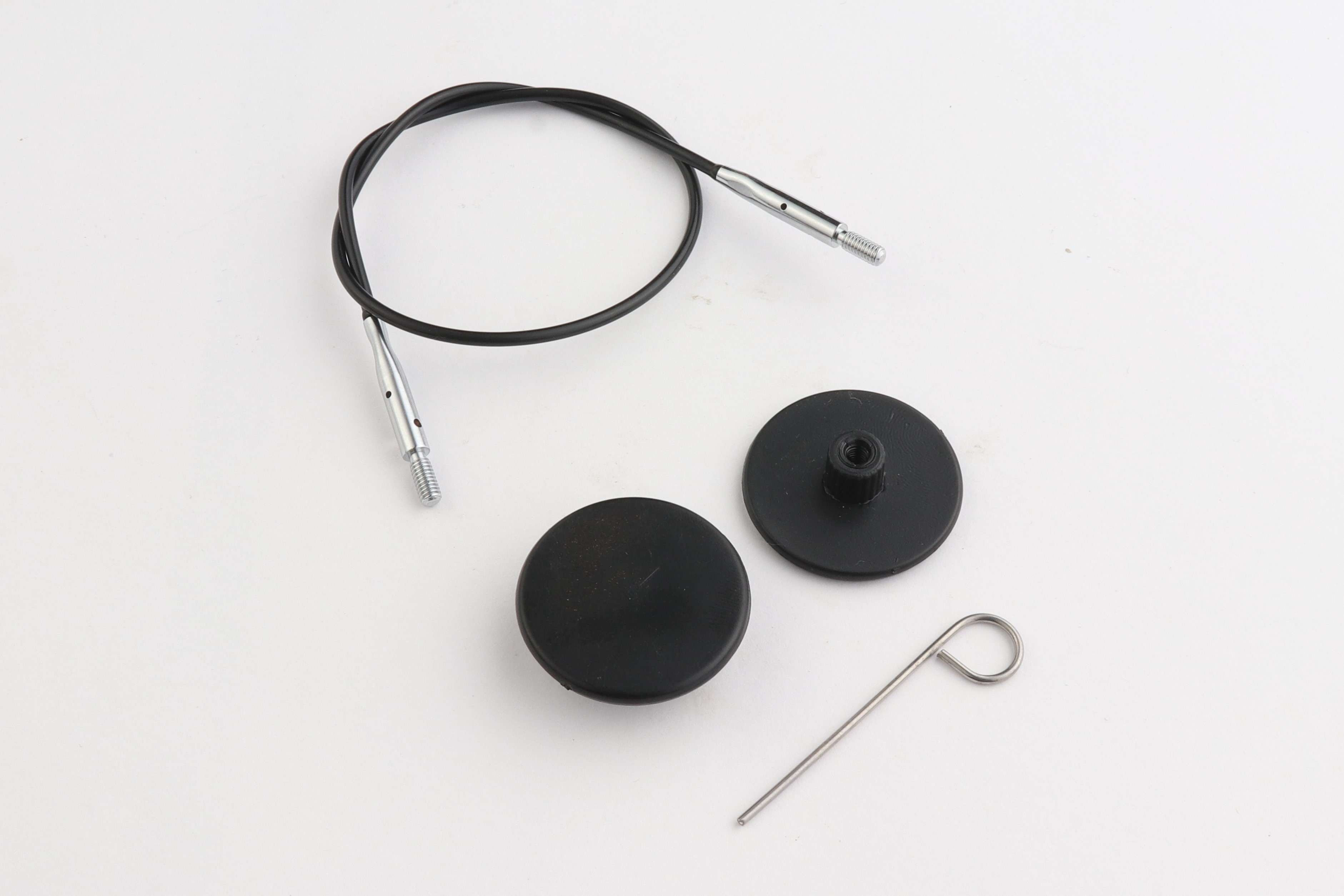 Набор: черный вращ. (360°) тросик 20 см (40 см) с соед. серебро, 2 загл и каб. ключик KnitPro,10671