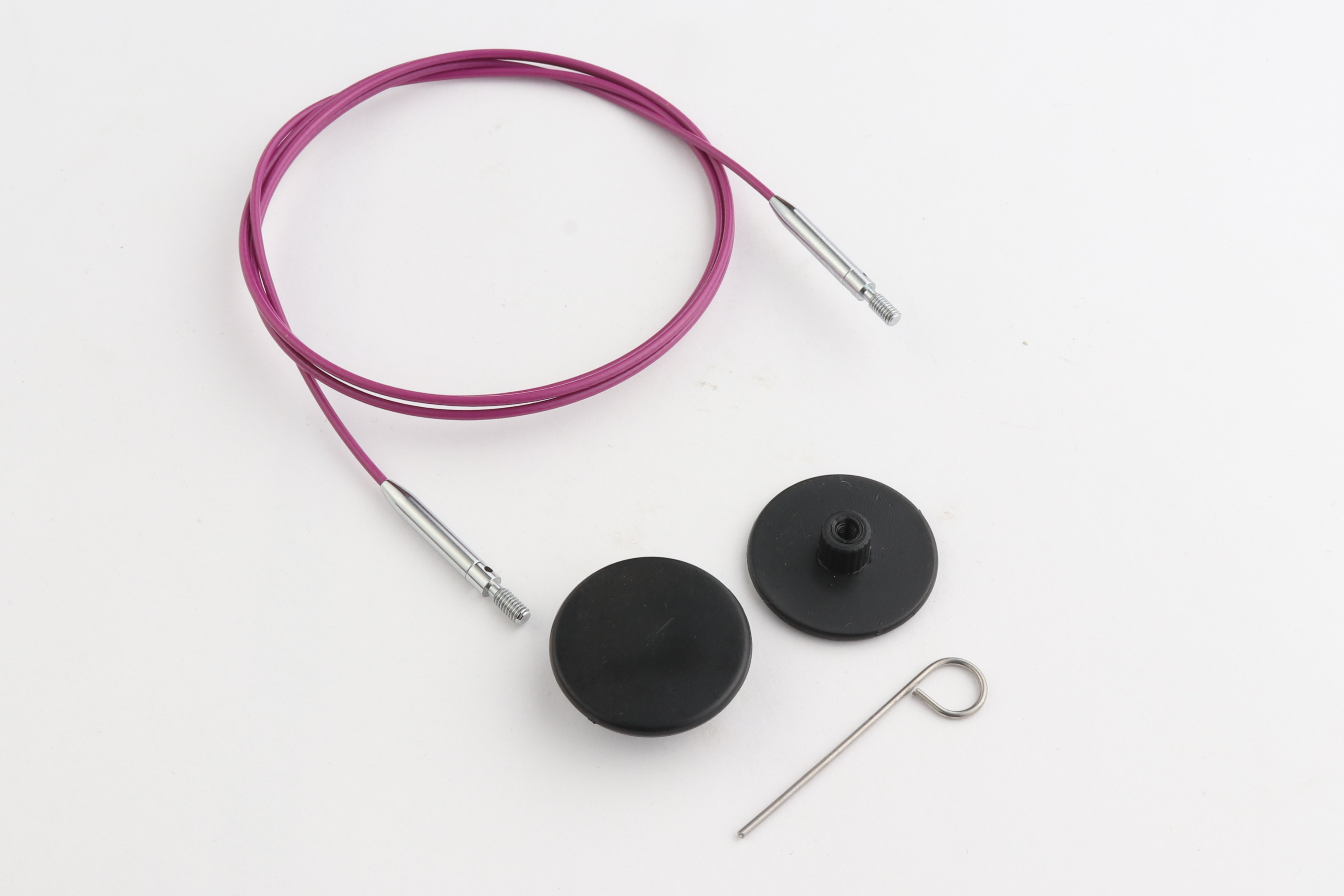 Набор: фиолетовый стальной тросик 76см (100см), 2 заглушки и кабельный ключик KnitPro, 10665