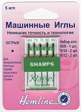 Иглы "Hemline" 105.99 для бытовых швейных машин 5 шт.c острым кончиком №60,70,80