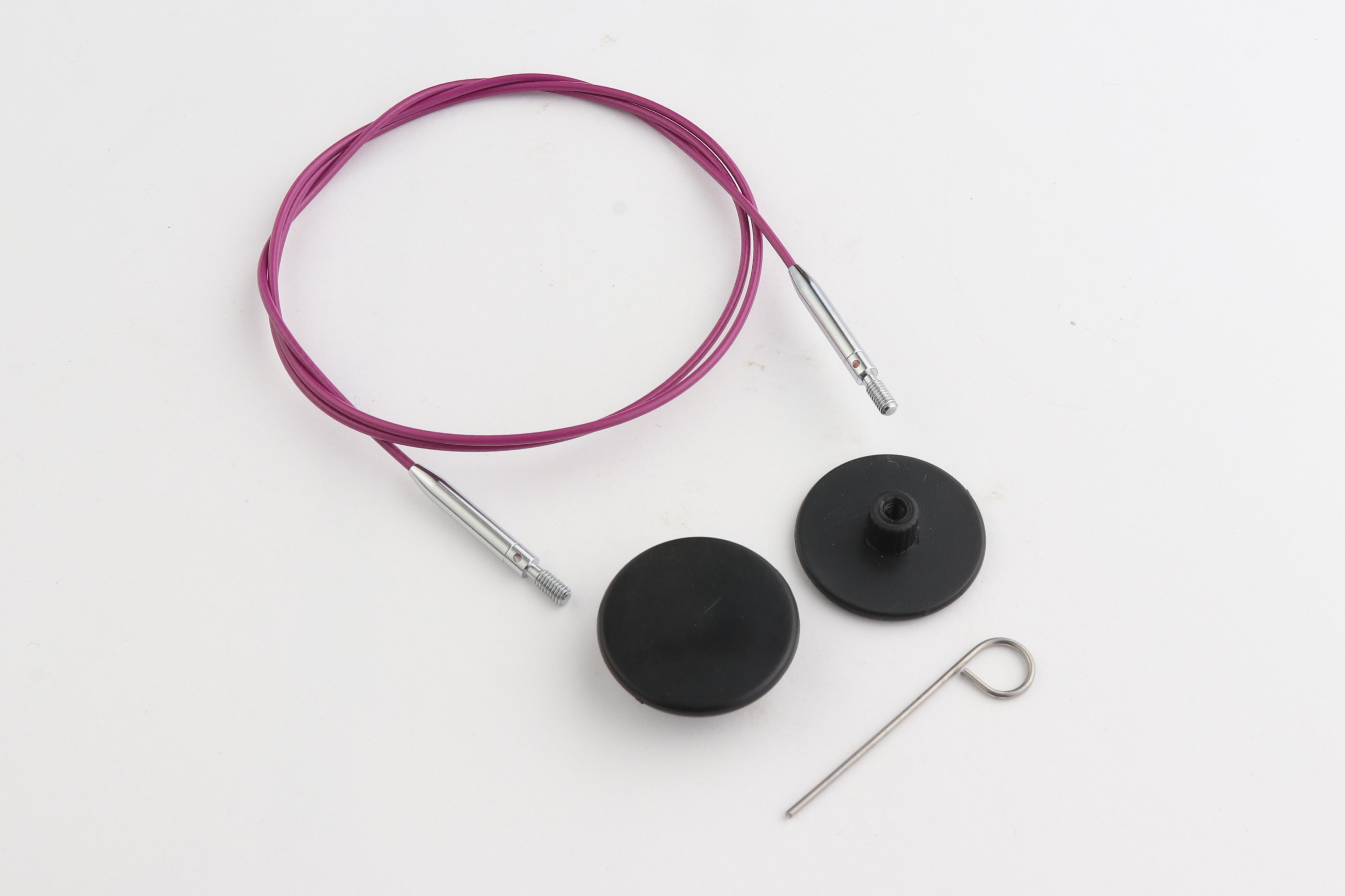 Набор: фиолетовый стальной тросик 56см (80см), 2 заглушки и кабельный ключик KnitPro, 10664