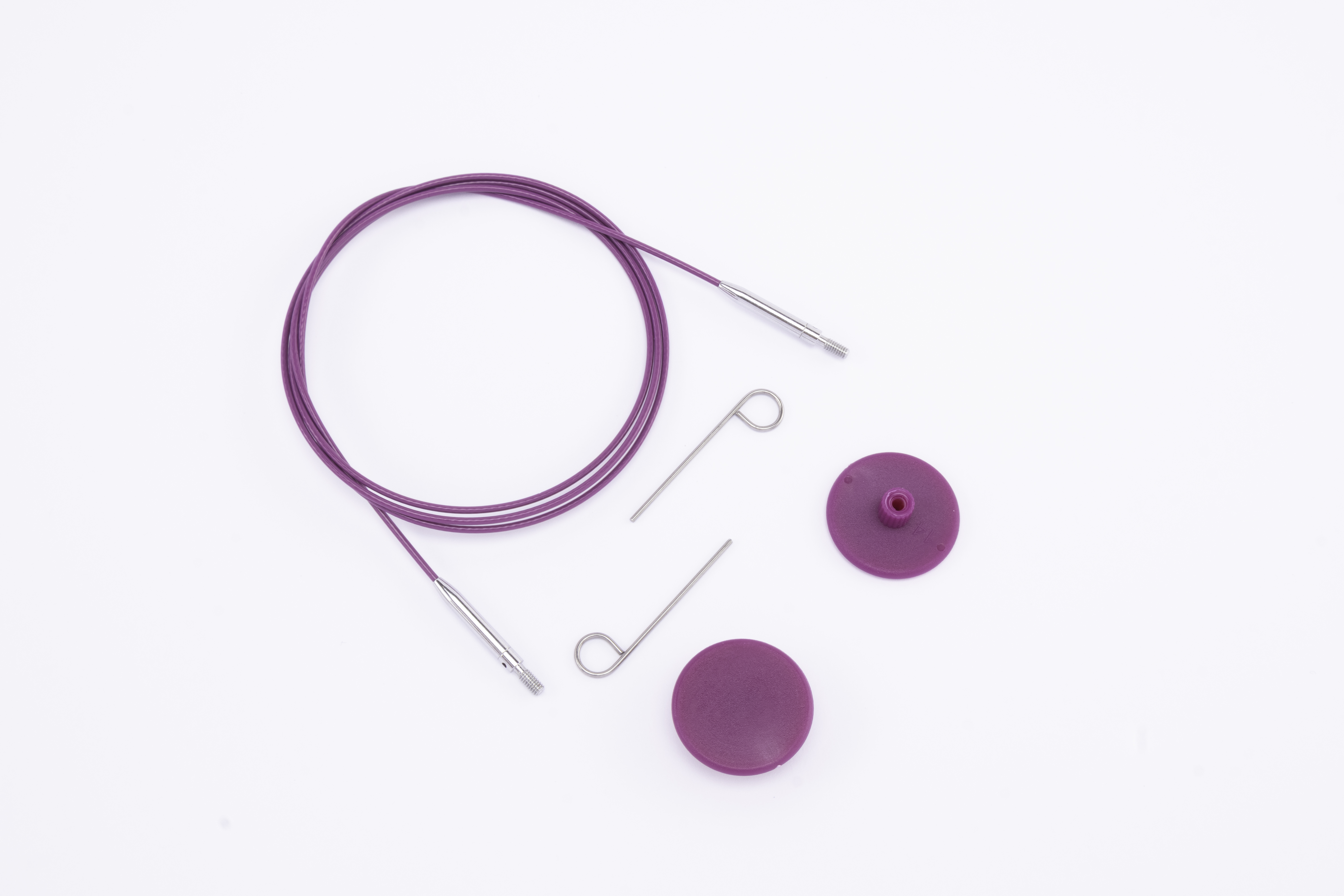 Набор: фиолетовый стальной тросик 76см (100см), 2 заглушки и кабельный ключик KnitPro, 10665