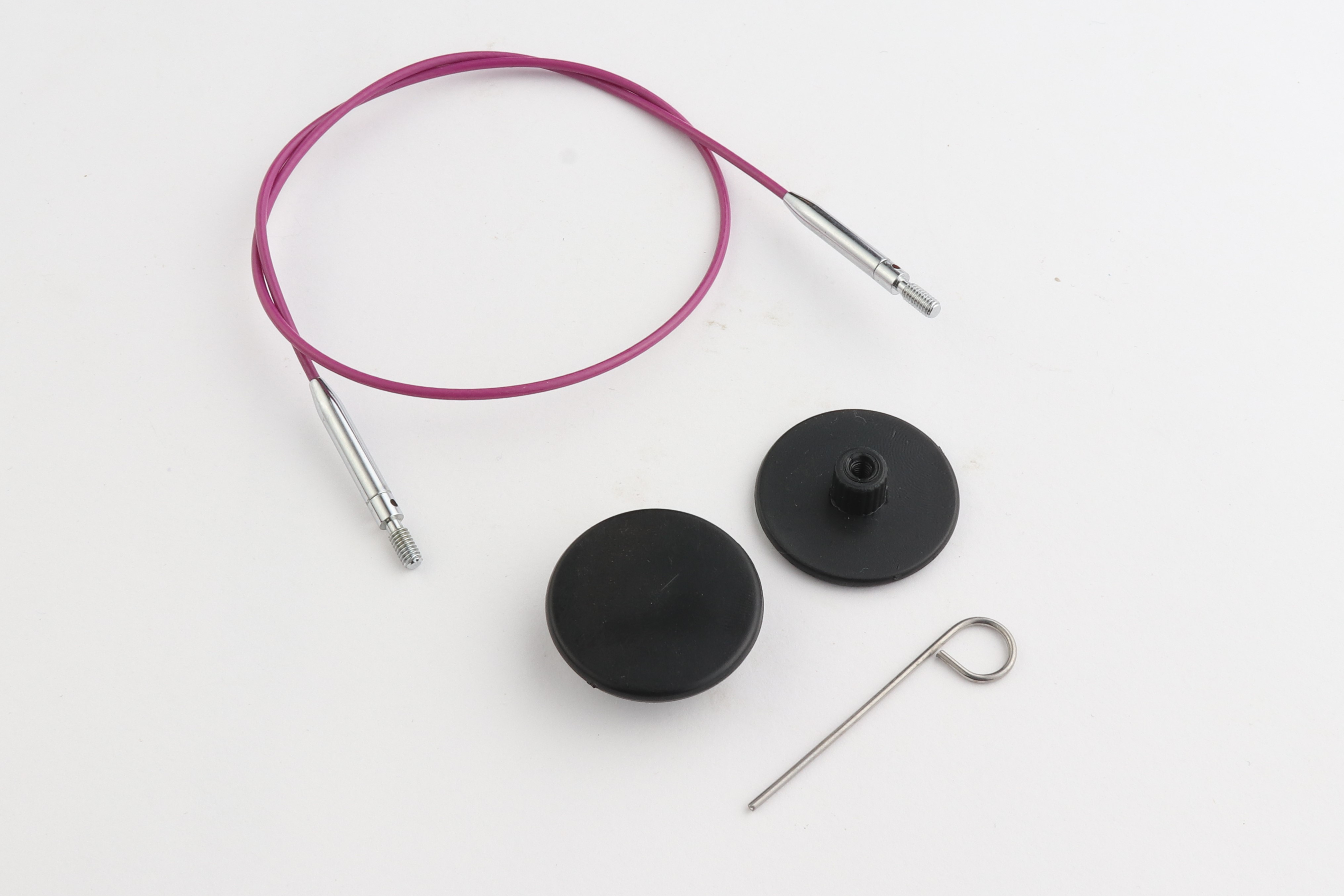 Набор: фиолетовый стальной тросик 28см (50см), 2 заглушки и кабельный ключик KnitPro, 10662