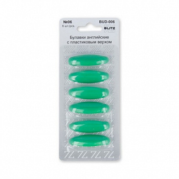 Булавки английские "BLITZ" BUD-006 с пласт. верхом 36 мм 6 шт, цв.06 зеленый