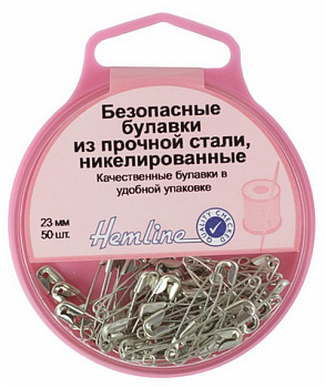 Булавки безопасные "Hemline" 410.00 в пластиковом круглом контейнере, сталь 23мм,  в блистере 50шт.