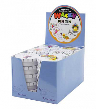 Булавки - гвоздики WACKY PIN TIN в жестяных круглых коробочках 150шт./в коробочке,длина 30 мм