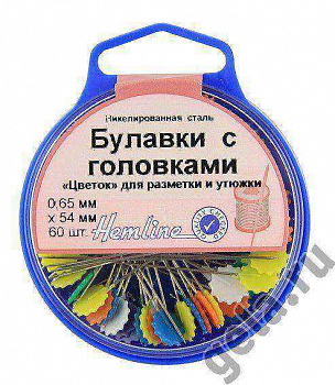 Булавки "Hemline" 707 с головками "Цветок" в пластиковом круглом контейнере,  54 мм, 60шт