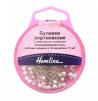 Булавки портновские с жемчужными головками«Hemline» 676  34 мм, 75 шт., белый