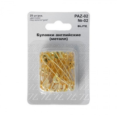 Булавки английские "BLITZ" №02 36 мм под золото железо в блистере 25 шт.