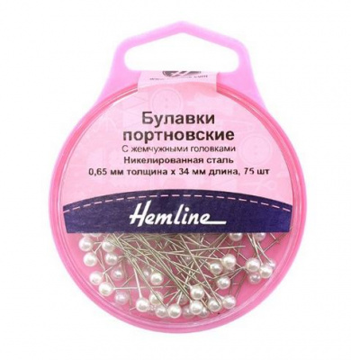 Булавки портновские с жемчужными головками«Hemline» 676  34 мм, 75 шт., белый